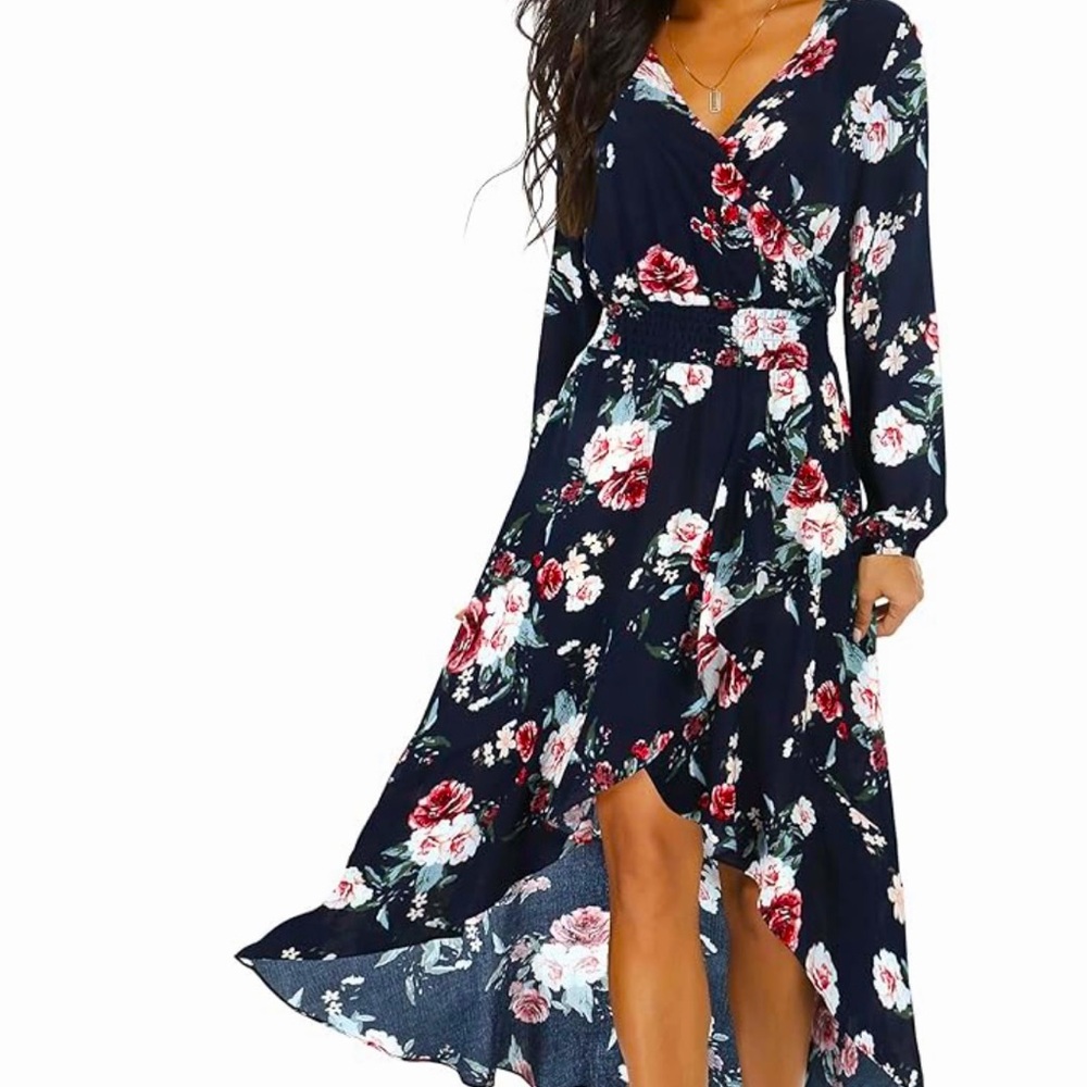 KOR  MEI FLORAL blue maxi Dress long sleeve Sz M Hi Lo Hem